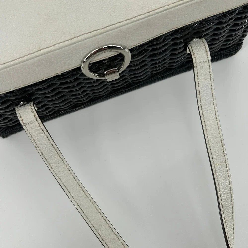 Vintage Kate Spade New York Black Wicker Basket White Leather Bag Polka Dot - Picture 4 of 16